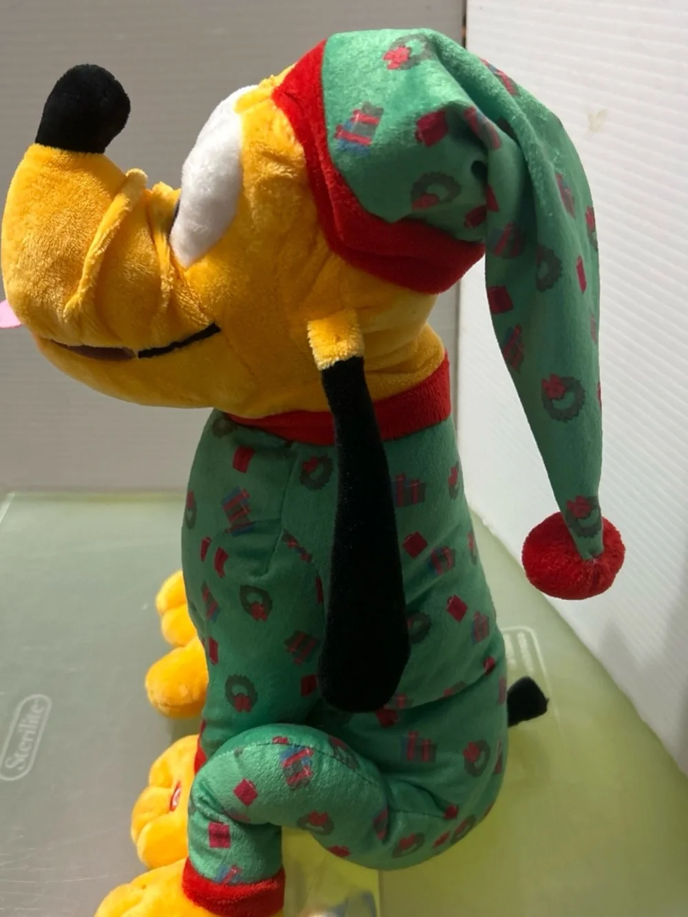 Gemmy Yellow Plush Dog in Green Holiday Pajamas with Pink Tongue